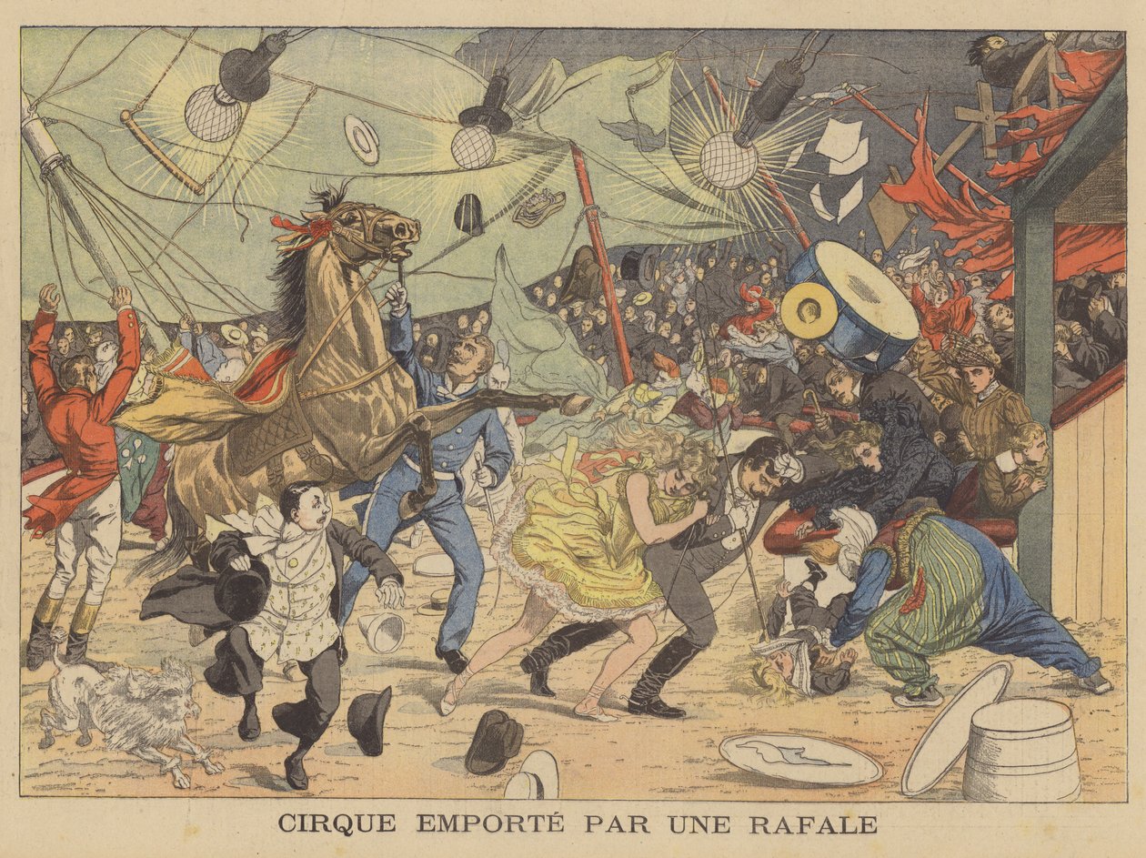 Ett cirkustält som förs bort av en vindpust (färglitografi) av French School