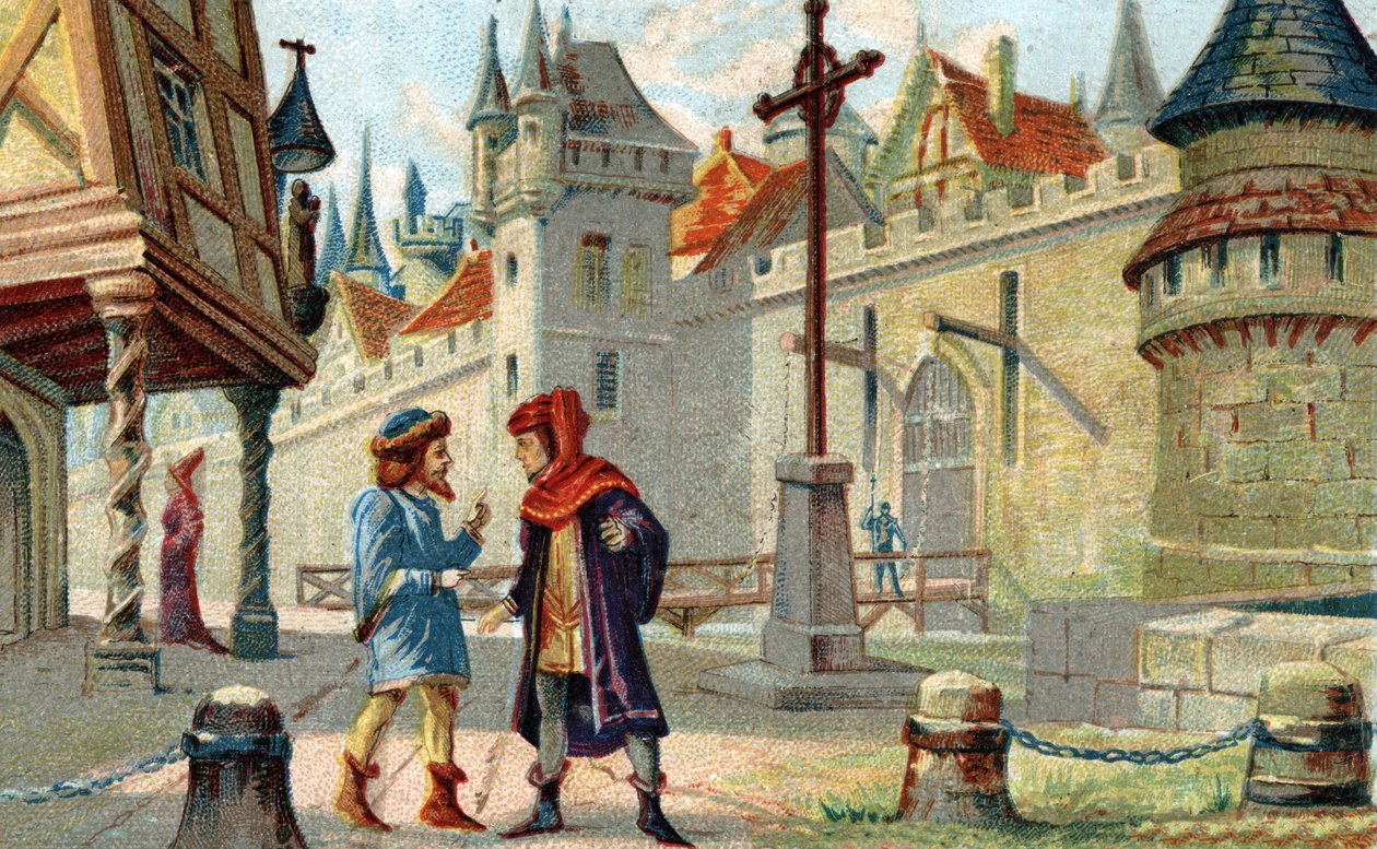 En stad under medeltiden. Kromolitografi från slutet av 1800-talet. av French School