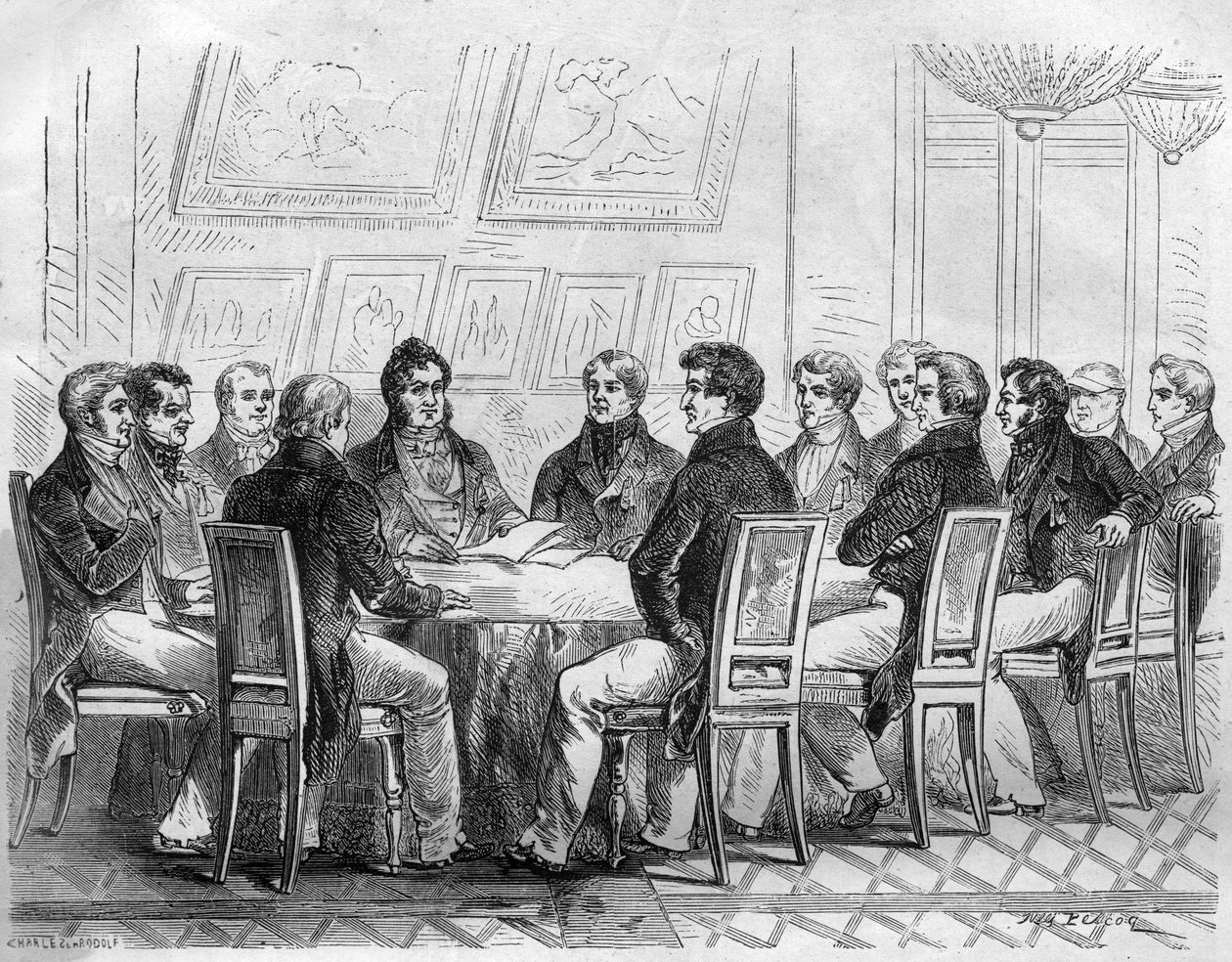 En försoning av deputerade för bourgeoisin vid Palais Royal i Paris under Karl X och restaureringen. Gravyr i "Historien om påvarna-kungarna-drottningarna och kejsarna genom århundradena"" av Maurice Lachatre av French School