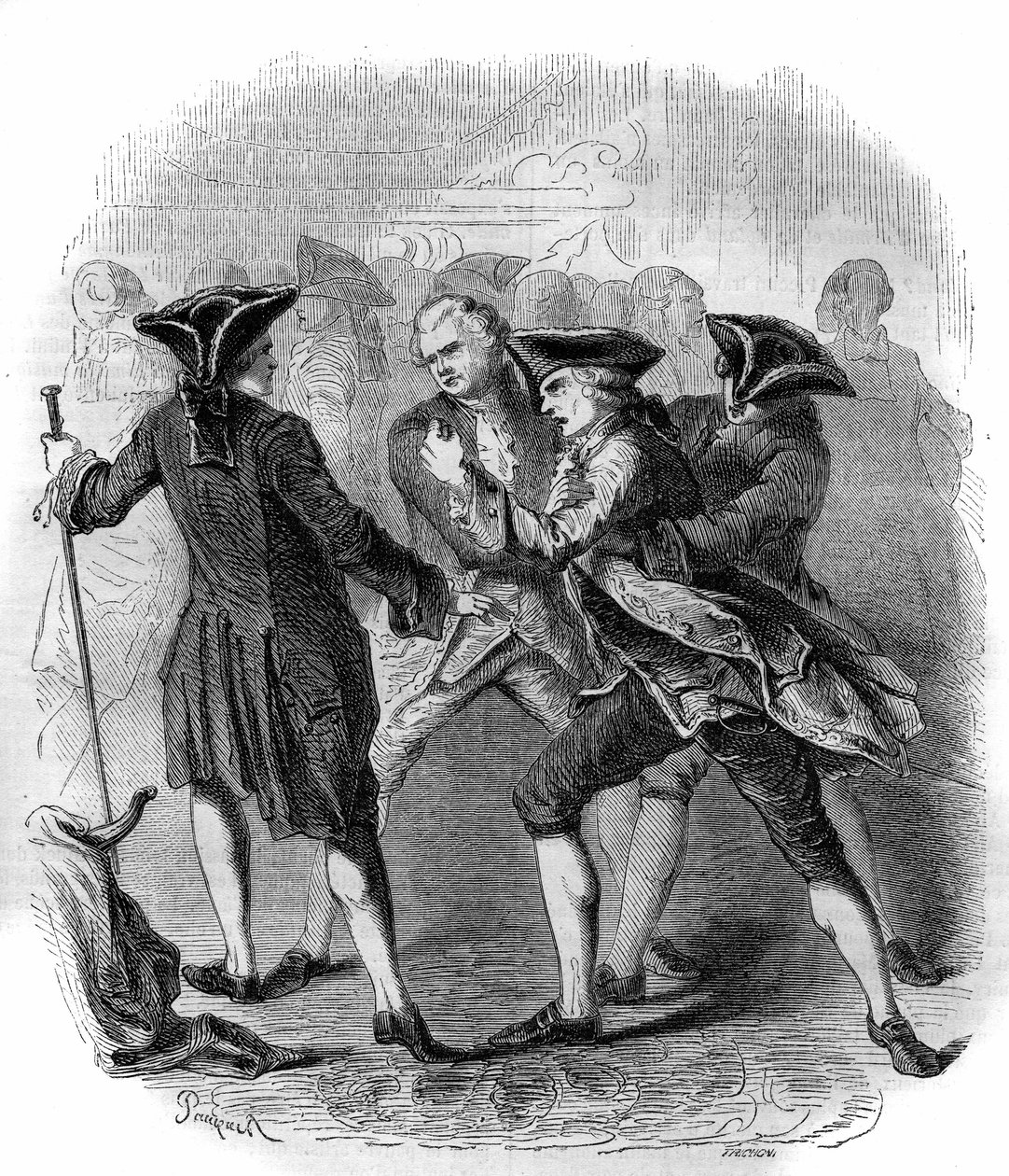 En konfrontation mellan "" Gluckistes"" och "" Piccinistes""" som illustrerar rivaliteten mellan kompositörerna Christoph Willibald Gluck och Niccolo Vito Piccinni. Gravyr från 1856. av French School