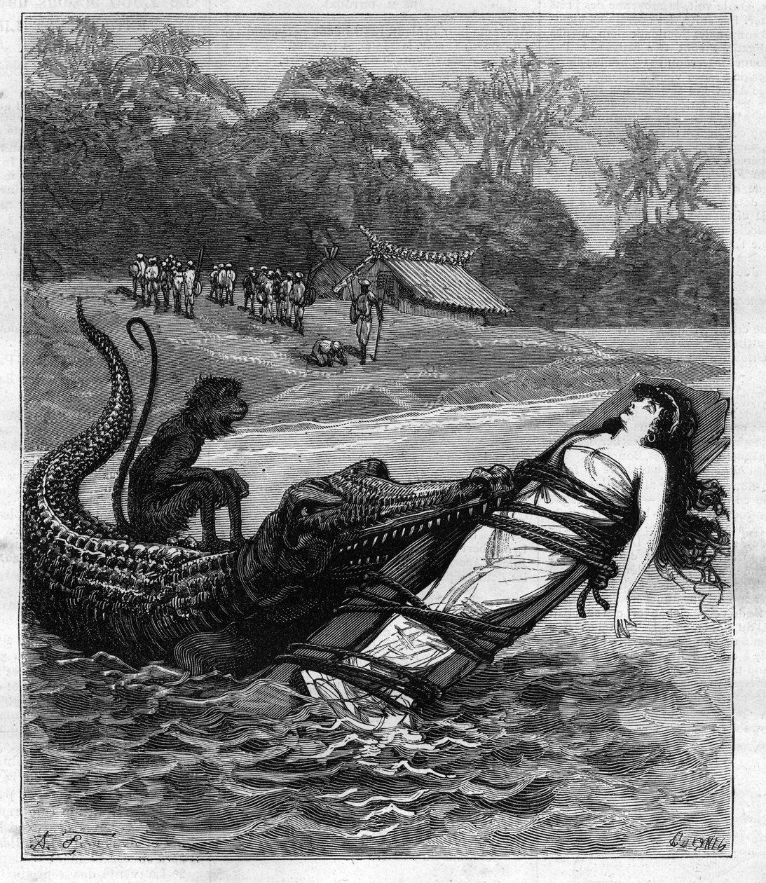 En krokodil tar tag i en träskiva som en kvinna är fäst vid. Illustration av "" Resa runt sjömannen Biribis värld" av Theodore Labourieu och Saint Vrin (Saint-Vrin). Gravyr från 1880 i "La republique illustree"" privat samling. av French School