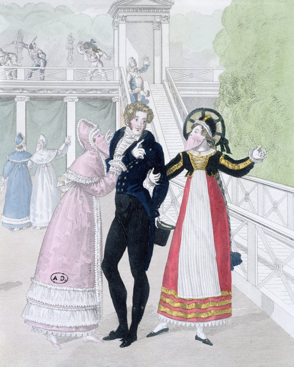En dandy som uppvaktas av två maskerade kvinnor, från serien Le Bon Genre (handfärgad gravyr) av French School