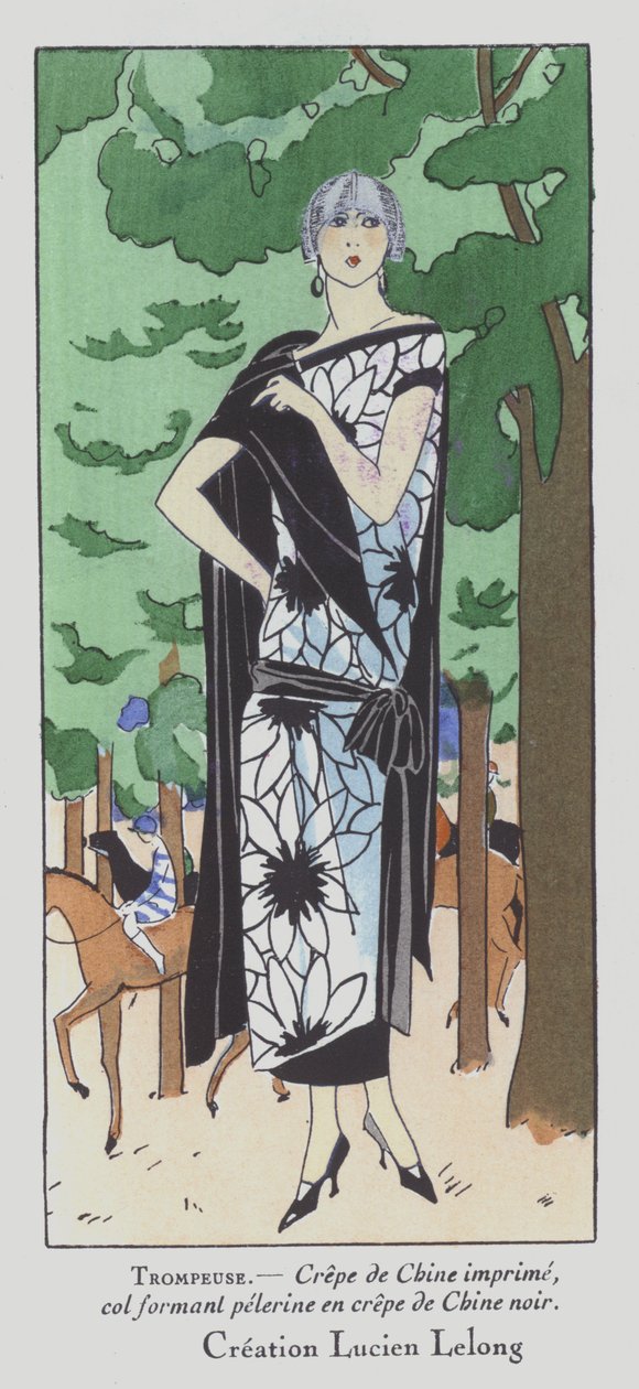 En dag på kapplöpningsbanan - dammode på 1920-talet av designern Lucien Lelong (färglitografi) av French School