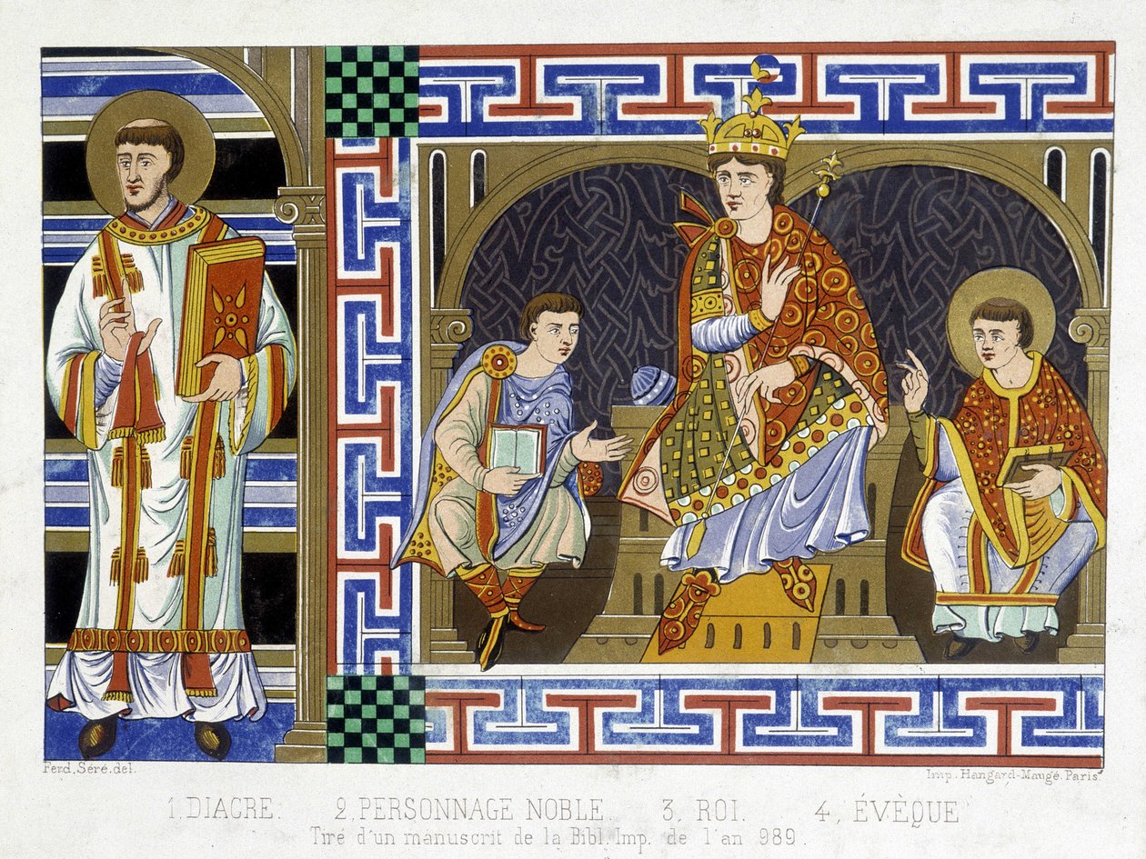 En diakon, en ädel figur, en kung och en eveque som illustrerar 900-talets människor; Illustration av artonhundratalet hämtar från "Frankrike i det tionde århundradet". av French School