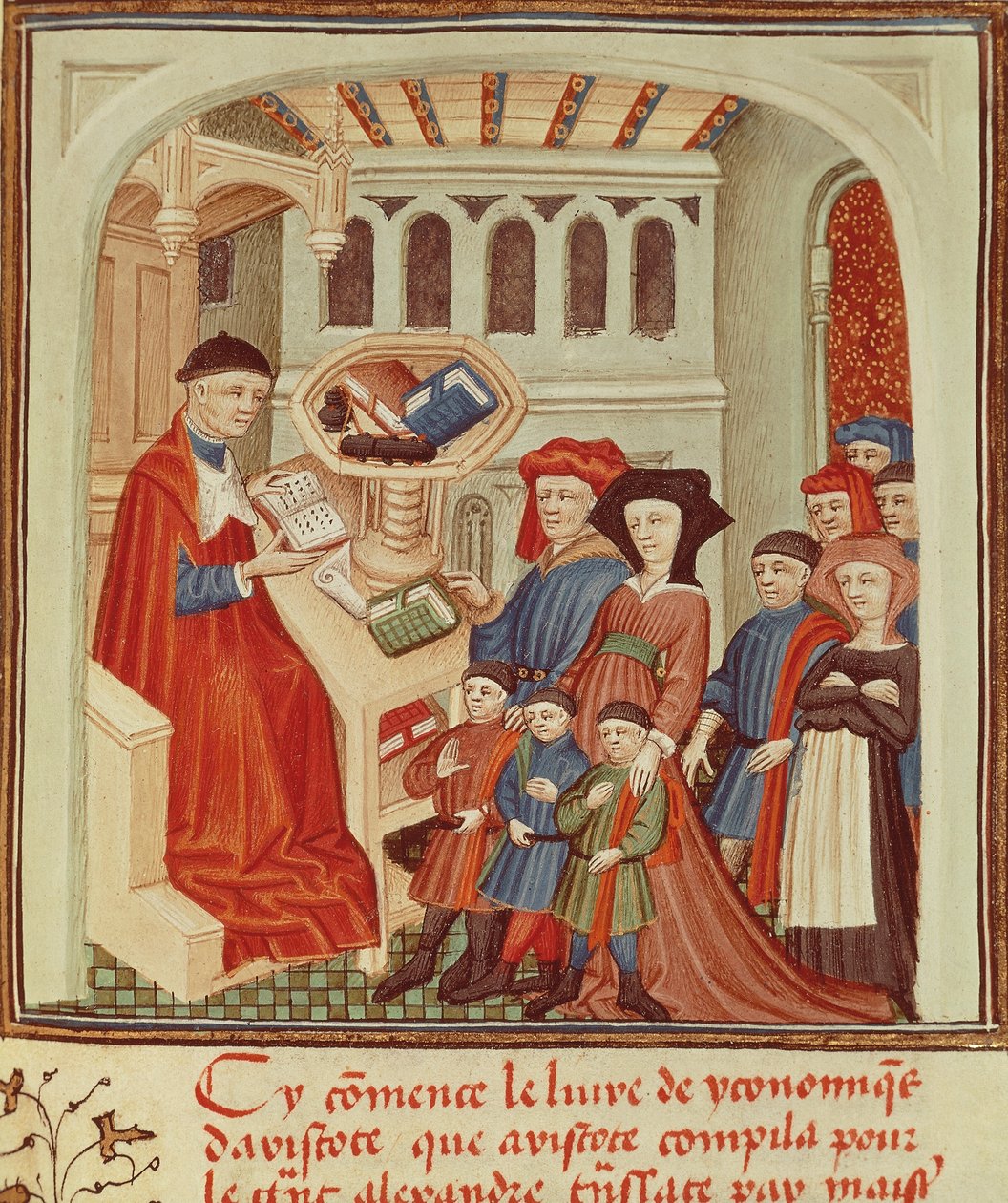 En familj framför en finansman, miniatyr från Ethics, Politics, the Economy av Aristoteles, Frankrike av French School