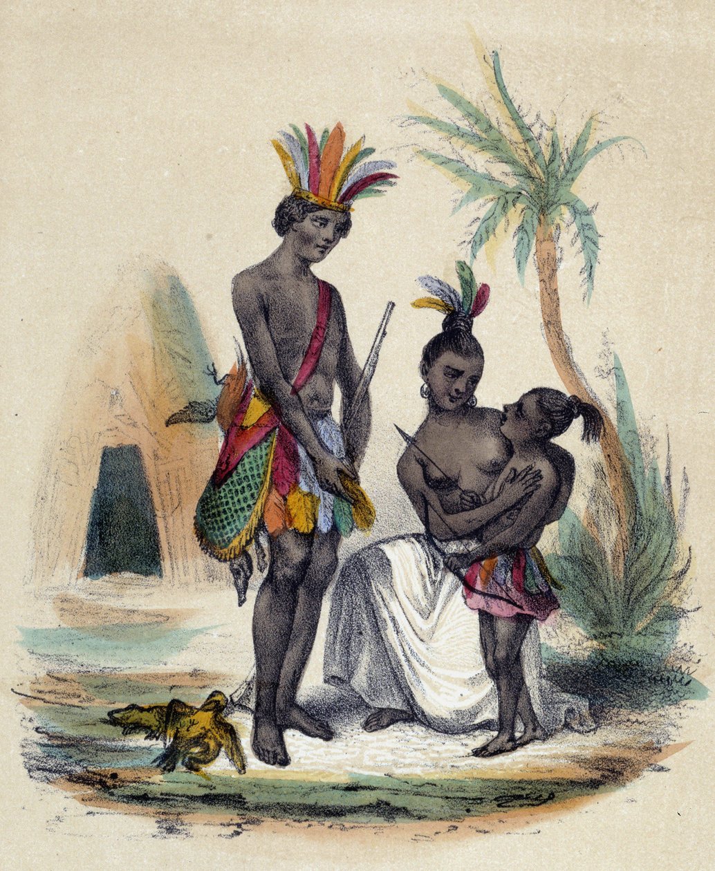 En familj av kanadensiska indianer framför sina tipier; illustration för Kanada, -i "The twelve Nations" av M.E Fouinet av French School