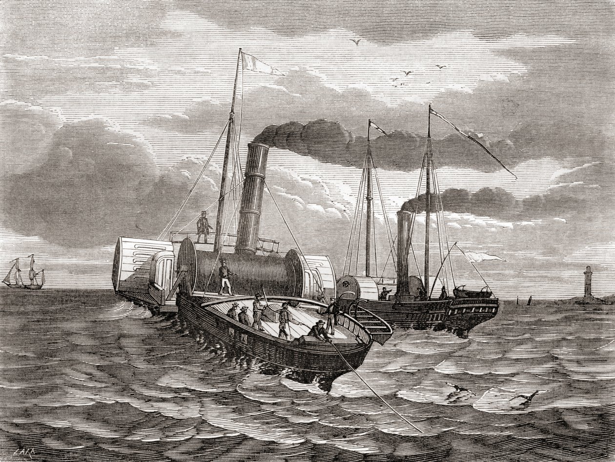 Ett första försök 1850 av John Watkins Bretts Anglo-French Telegraph Company att lägga den första linjen under Engelska kanalen, från Dover till Calais, med hjälp av de ombyggda bogserbåtarna Goliath och Widgeon, från Les Merveilles de la Science, publicer av French School