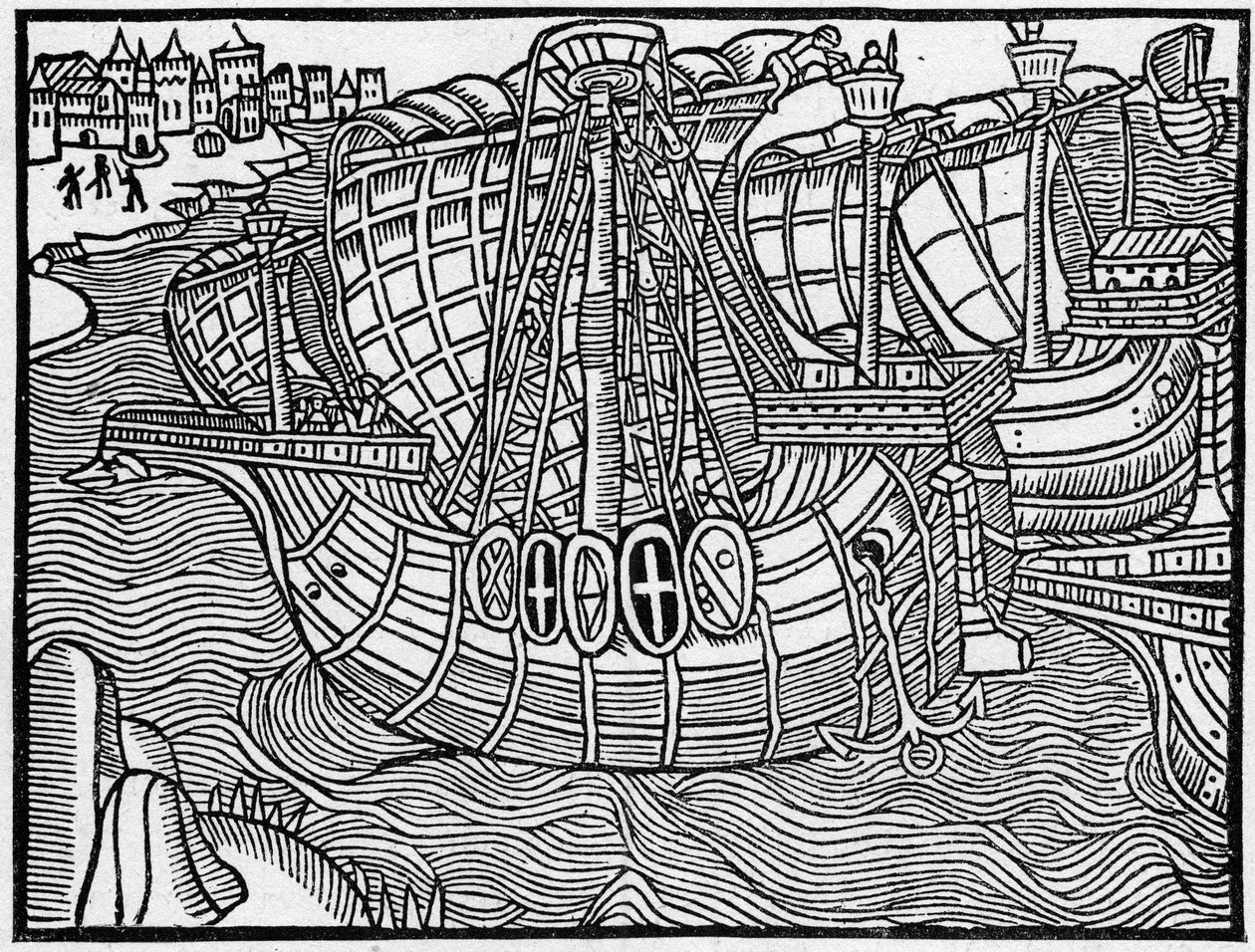 En flotta på 1400-talet, efter en gravyr av "Vergier Dõhonneur". Gravyr i "La Marine et les colonies: handel" av French School