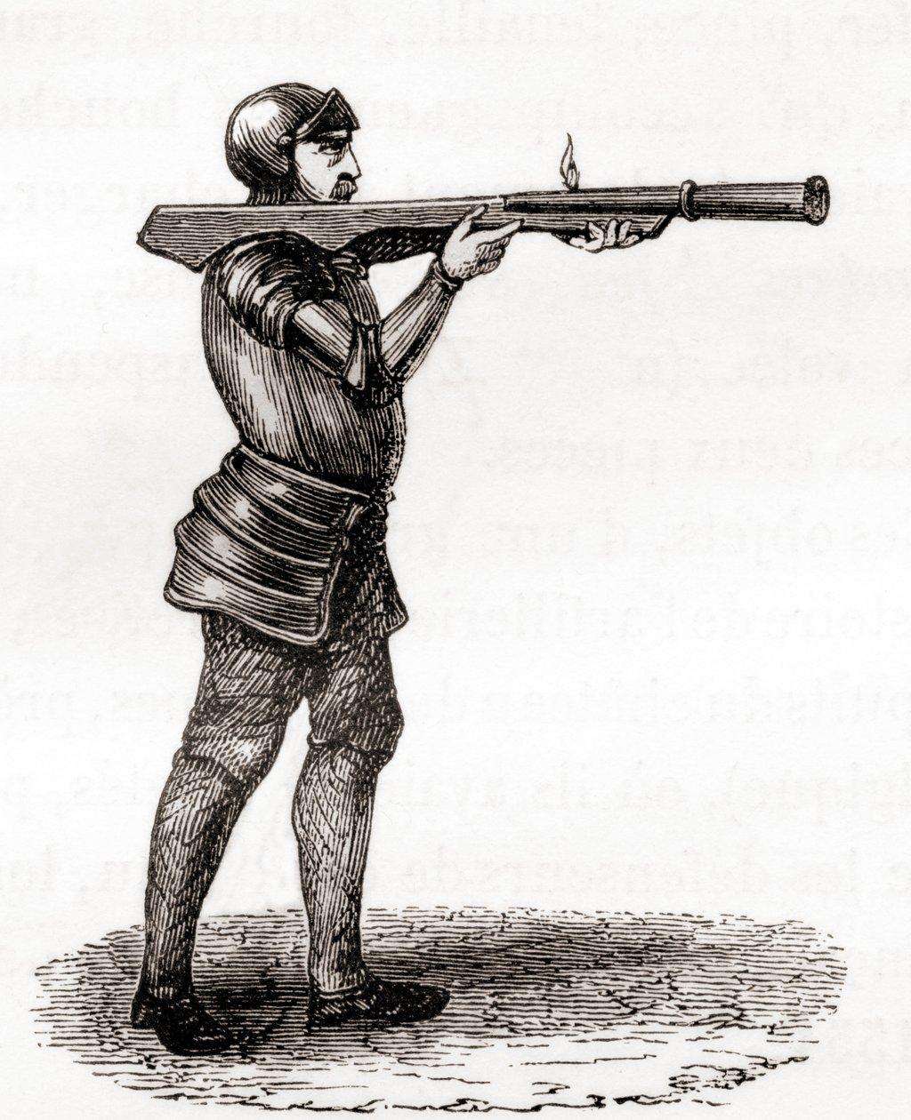 En fotsoldat som använder en handbombard, sent 1300- och 1400-tal, efter en teckning från 1800-talet, från Les Merveilles de la Science, publicerad ca 1870 (gravyr) av French School