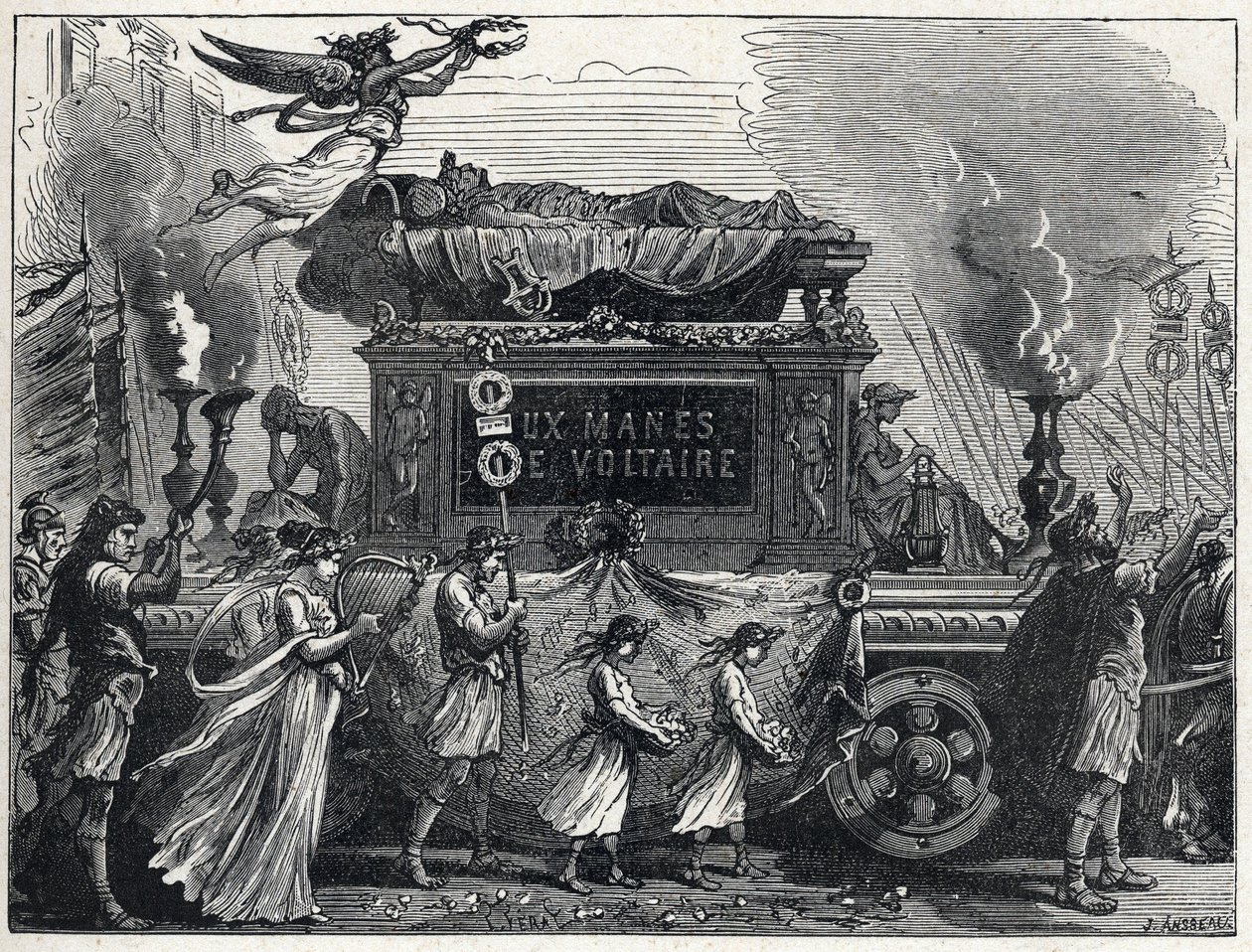 En funebre tank som bär Voltaires kropp (Francois Marie Arouet av French School