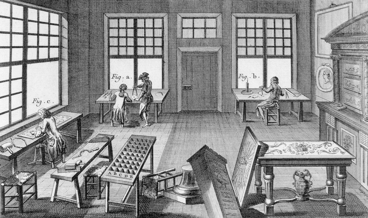 En möbelinläggningsverkstad från Encyclopedie des Sciences et Metiers av Denis Diderot (1713-84) publicerad ca 1770 av French School