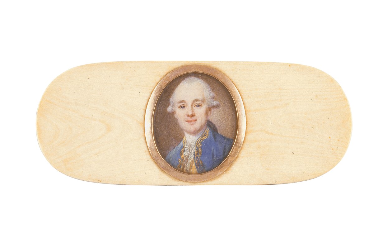 En gentleman, som sägs vara Sir Robert Ainslie, Bt., placerad i locket på en låda (akvarell på elfenben) av French School