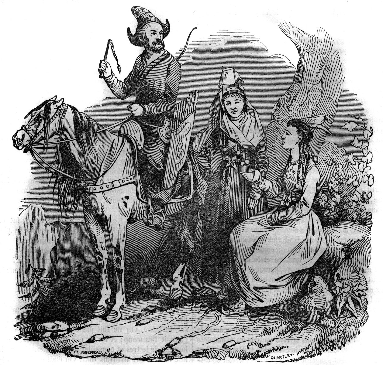 En grupp kirgiziska (kirgiziska) kosacker i traditionell dräkt. I "" Den pittoreska butiken"" 1835 av French School