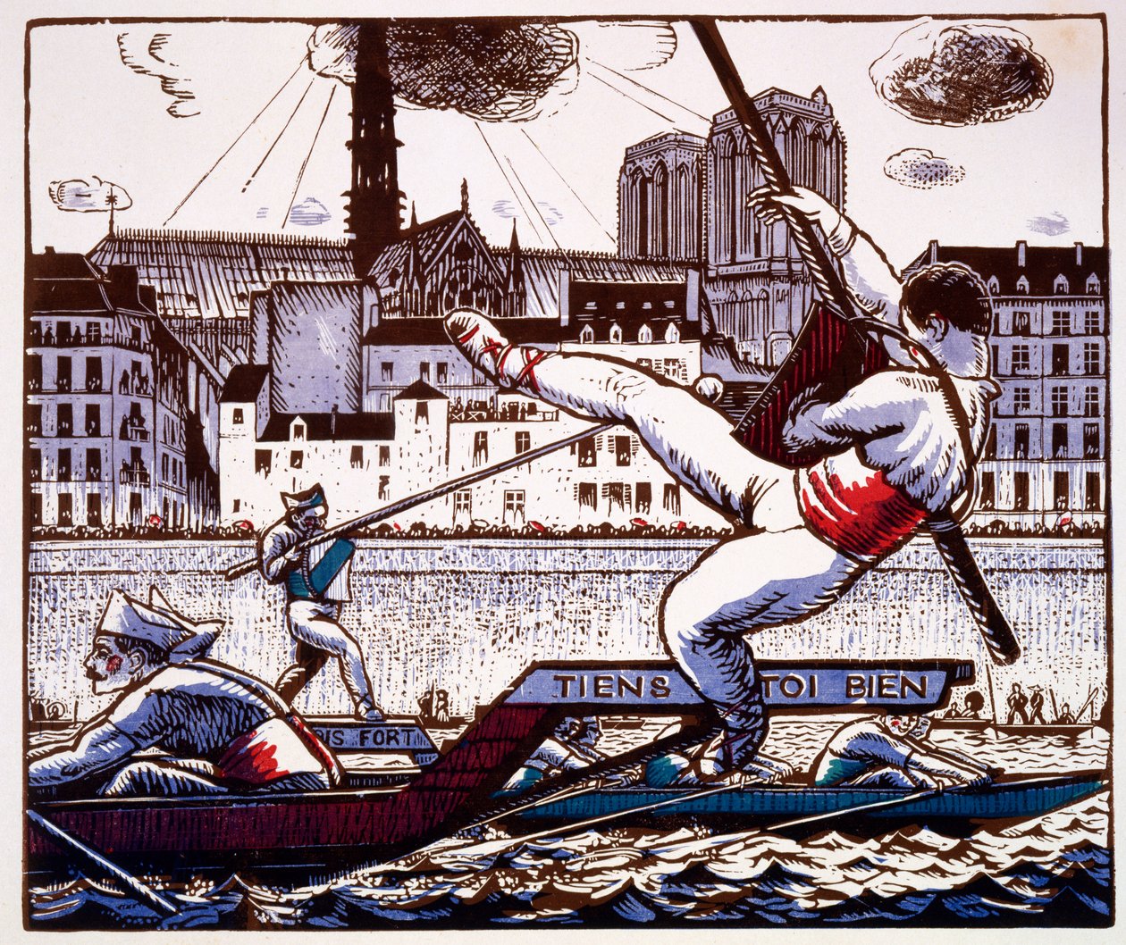 En tornerspelstävling vid en flodfestival på Seine, Paris, ca 1890-1920 (trätryck i färg) av French School