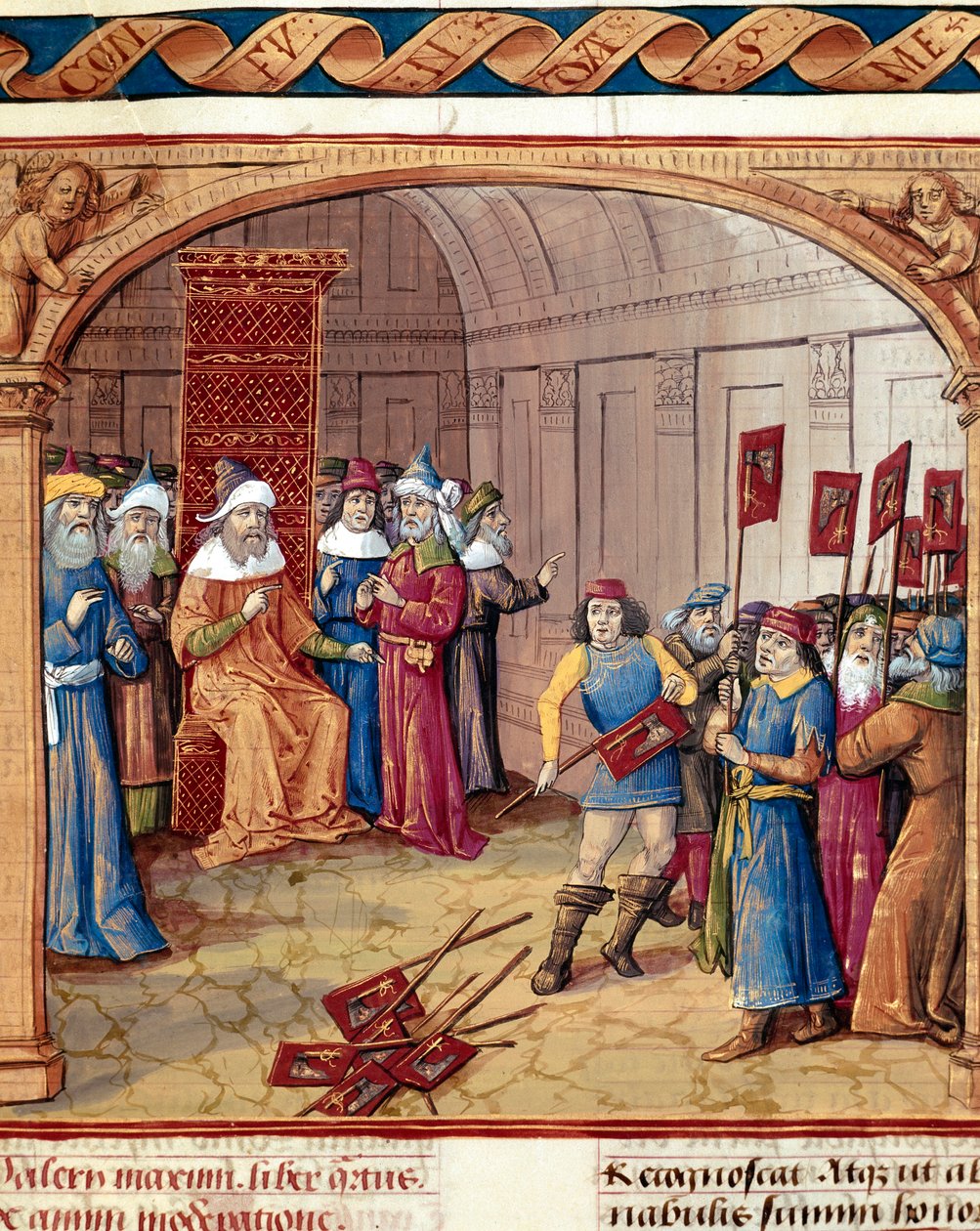 En kung tar emot banderoller och miniatyryxor från ""Dicta et facta memorabilia"" av Valere Maxime (Valerius Maximus) (1:a århundradet f.Kr.) 1410 Chantilly, Musee Conde av French School