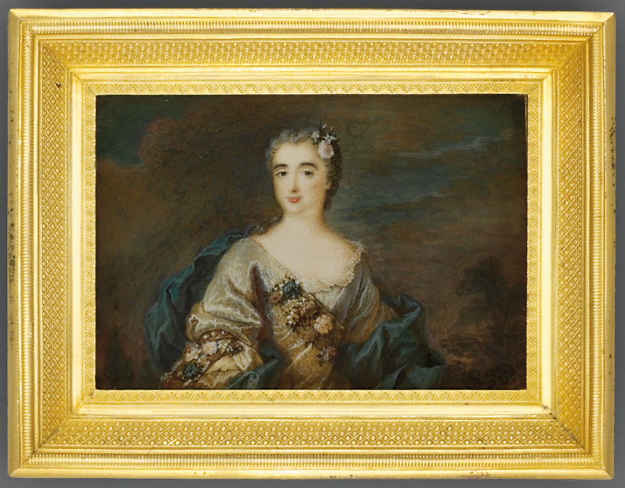 En dam som heter Louise-Jeanne de Durfot, Duchesse de Mazarin et de la Meilleraye, ca 1750 (akvarell på elfenben) (se även 1630586) av French School
