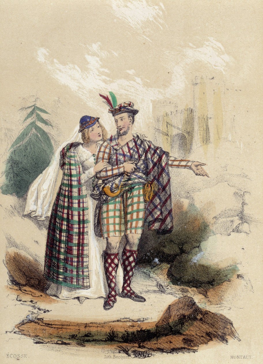 En man som bär en kilt och hans följeslagare framför ett slott; illustration för Skottland, -i "De tolv nationerna" av M.E. Fouinet av French School