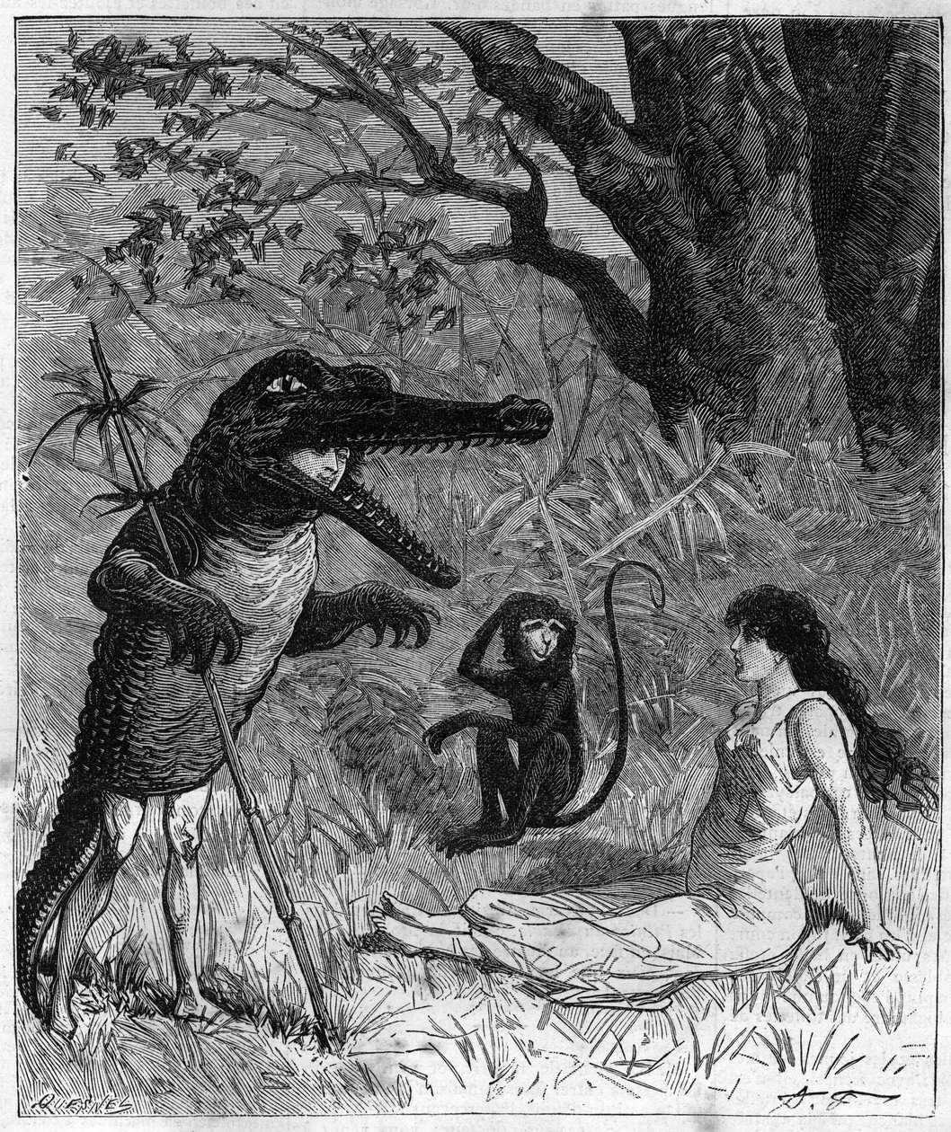 En man i krokodilskinn pratar med en ung kvinna som svimmat av en apa. Illustration av "" Resa runt sjömannen Biribis värld" av Theodore Labourieu och Saint Vrin (Saint-Vrin). Gravyr från 1880 i "La republique illustree"" av French School