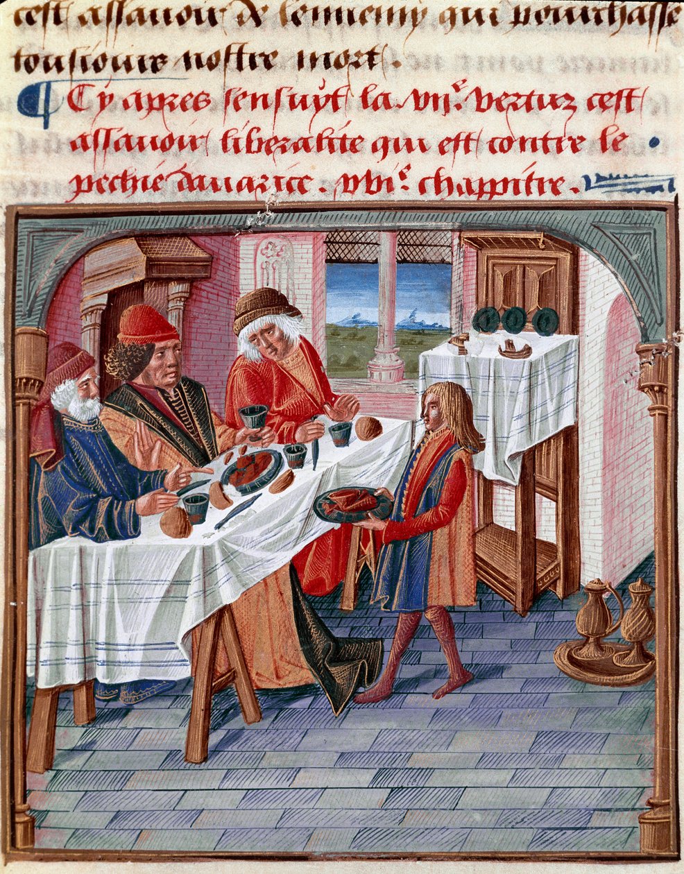 En man delar sitt bord med en fattig i nöd Miniatyr hämtad från "Le livre de bonnes moreurs de Jacques Legrand" 1490 Chantilly, Musee Conde av French School
