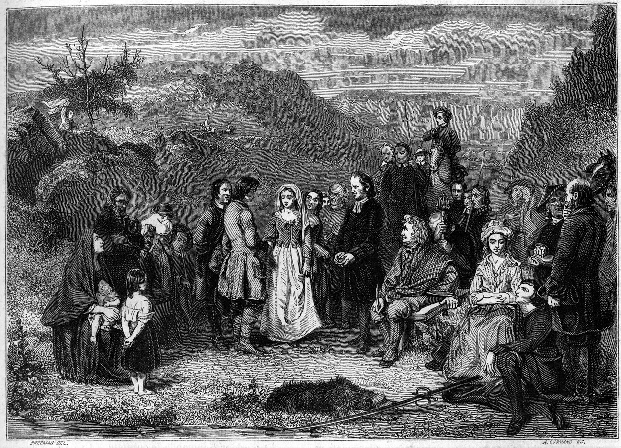 Ett äktenskap mellan puritaner (presbyterianer) i Skottland. Gravyr av Freeman i "" Le Magasin pittoreska"" av French School