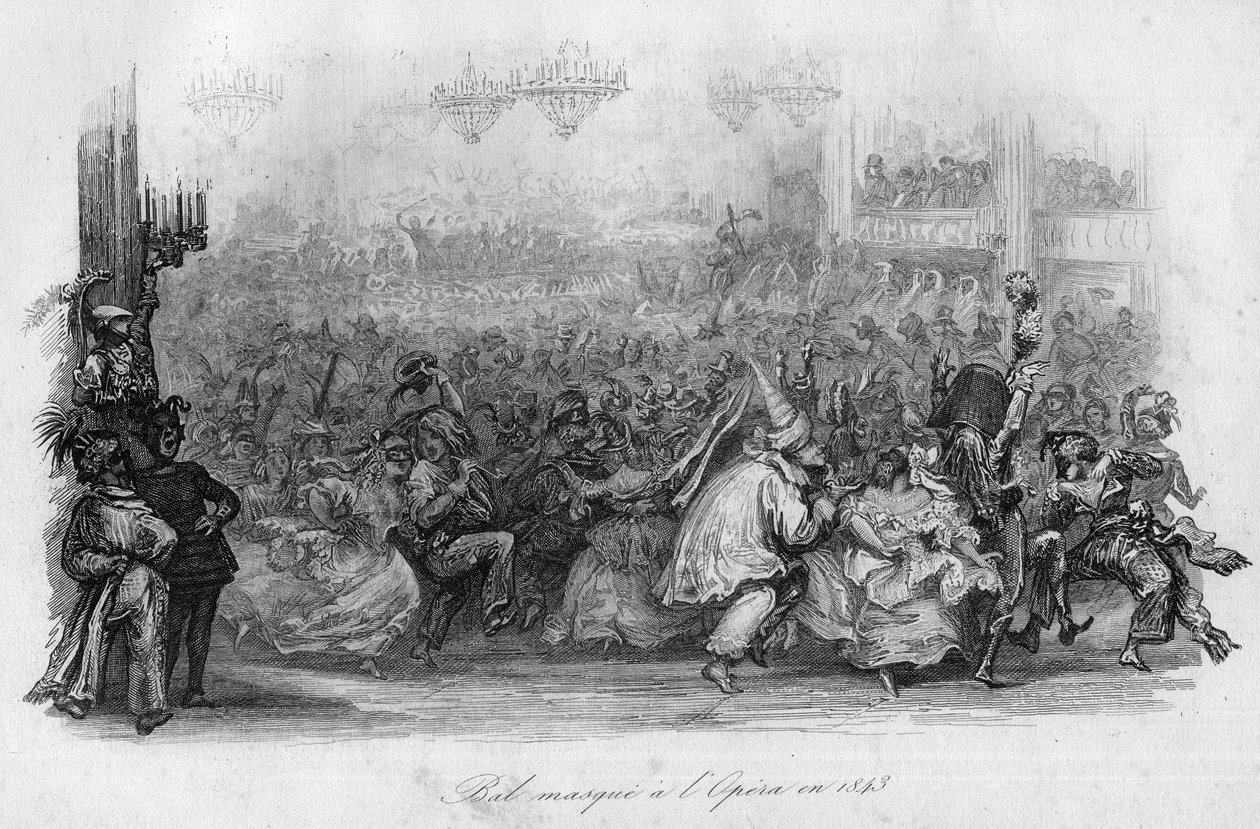 En maskerad bal på Parisoperan 1843. ("Le carnival"" sång av Marc-Antoine Madeleine Desaugiers) i "" - CHANS et CHANS POPULES DE LA FRANCE - 1843 - H.- L. DELLOYE, förläggare, LIBRAIRIE DE GARNIER. av French School