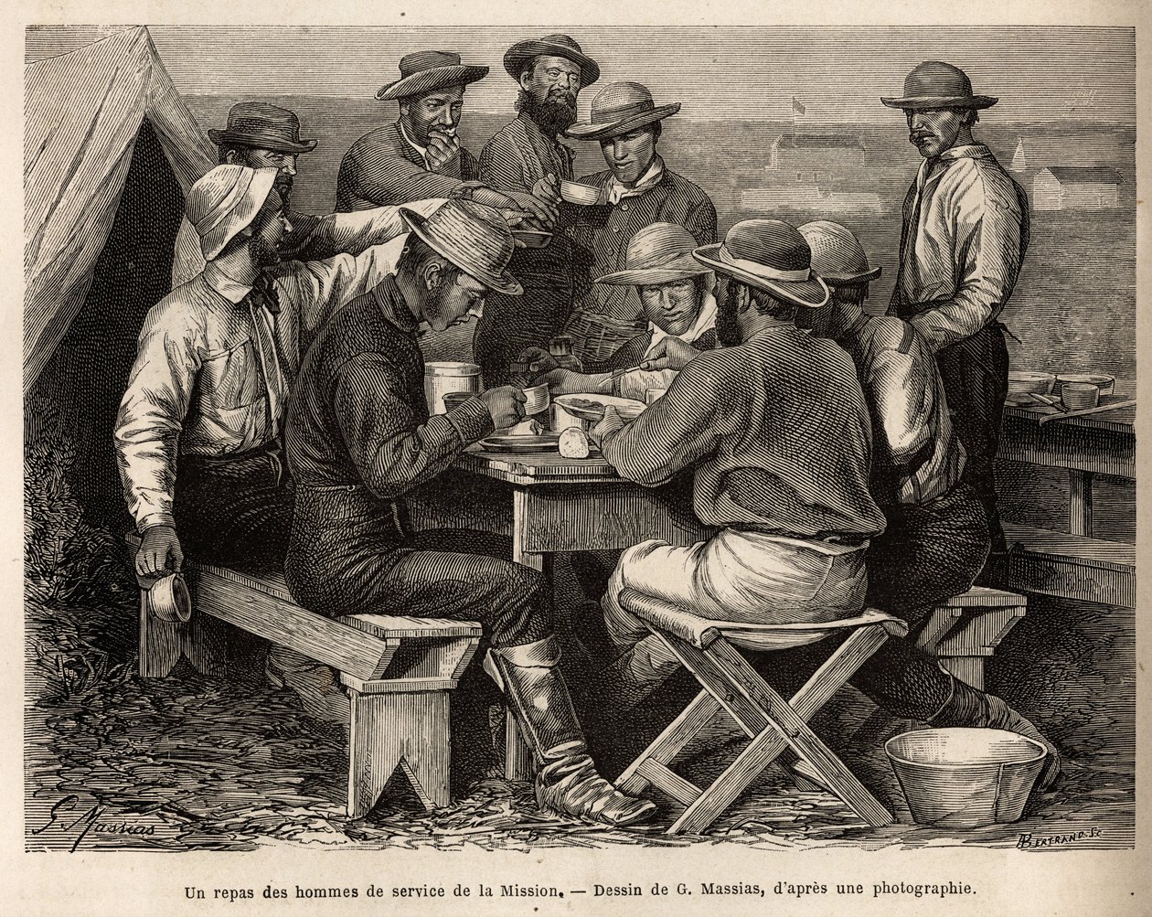 En måltid av tjänstemän från missionen 1872, på lägerplatsen, före den första fältspaningen, graverad efter teckningen av G. Massias, som illustrerar en uppsättning geografiska uppdrag genom USA:s nationalpark, från 1870 till 1872 , förbi av French School