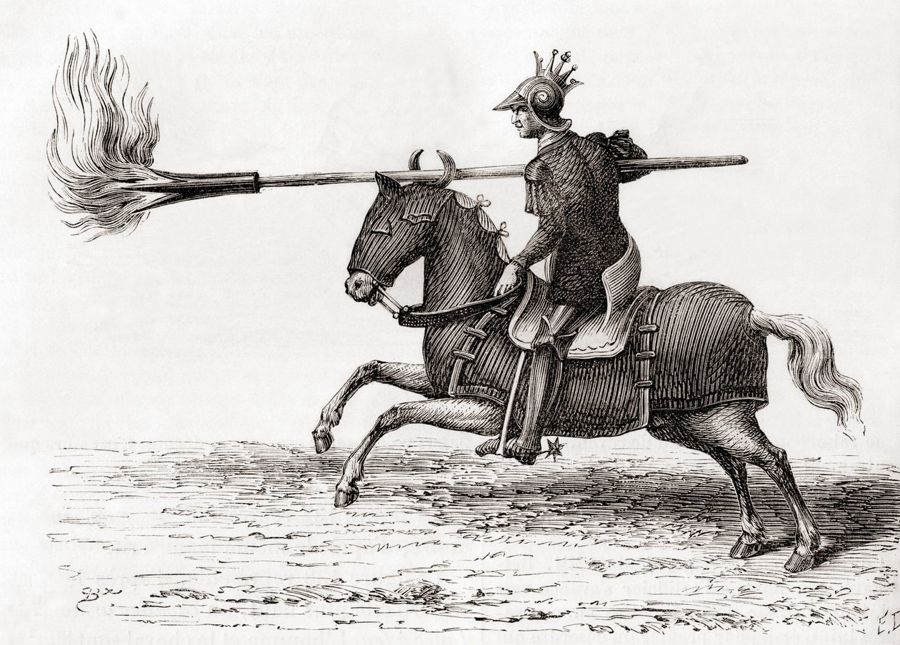 En medeltida riddare som bär en eldlans, eller eldspjut, ett av de första krutvapnen i världen, från Les Merveilles de la Science, publicerad ca 1870 (gravyr) av French School