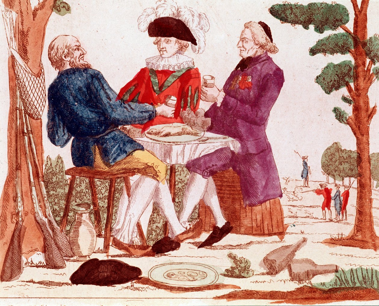 En bonde (tiers etat), präst och aristokrat äter en kanin tillsammans vid ett bord, i den högra bakgrunden en jaktscen, till vänster tre gevär, augusti 1789 (gravyr, slutet av 1700-talet) av French School