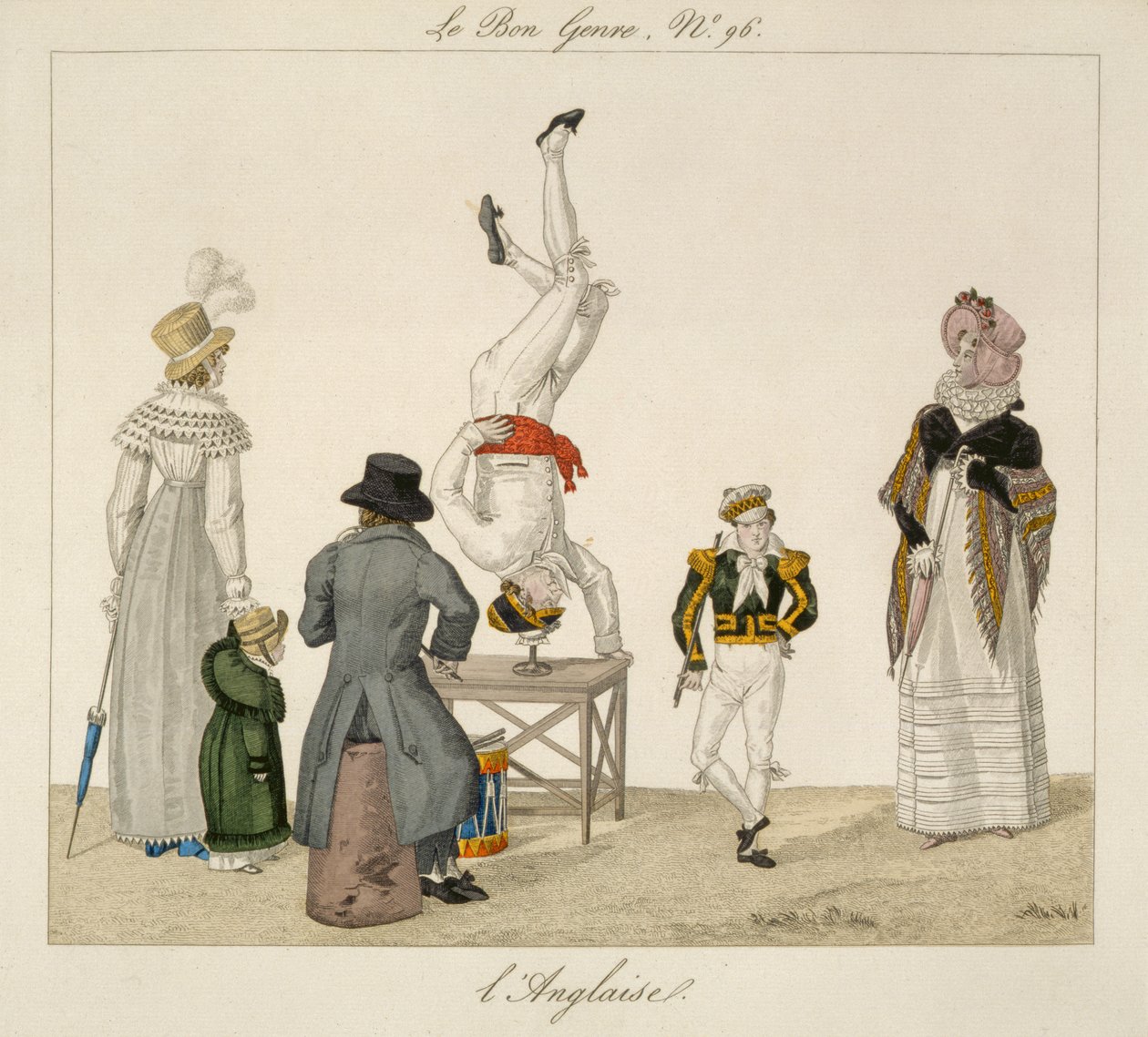 En artist som står på huvudet och balanserar på ett glas, tallrik 96 från le Bon Genre, ca 1810 (färggravyr) av French School