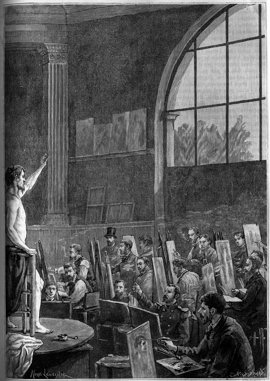 En posesession i en konstnärsverkstad i Paris. Gravyr i den berömda journalen "" La jeunesse"" av French School
