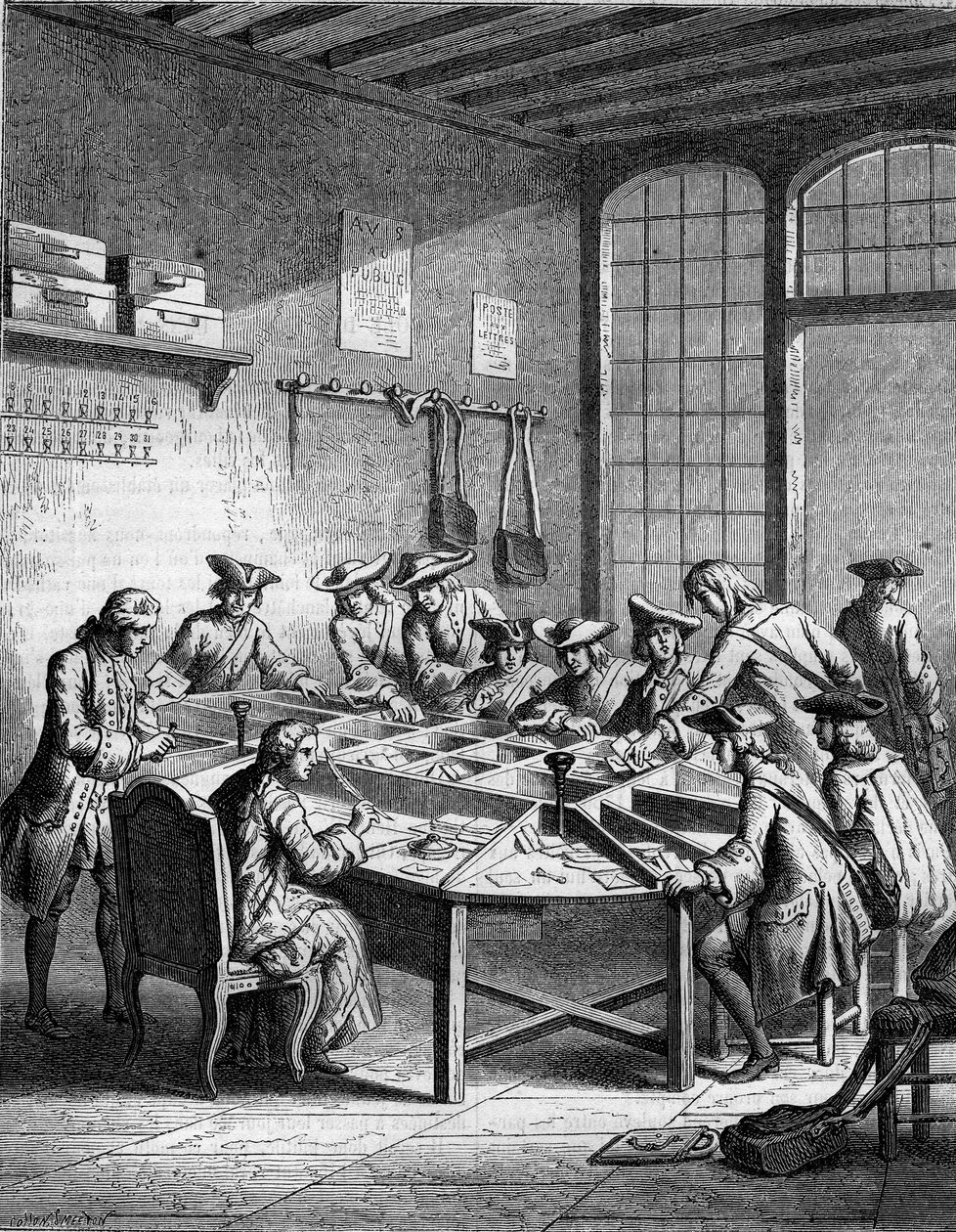 Ett postkontor i Frankrike vid Ludvig XV:s epc (1715 till 1774). av French School