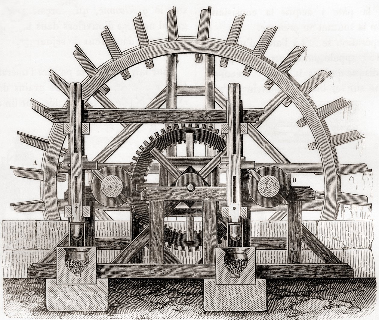 En pulverkvarn och dess vattenhjul, efter en teckning från 1800-talet, från Les Merveilles de la Science, publicerad ca 1870 (gravyr) av French School