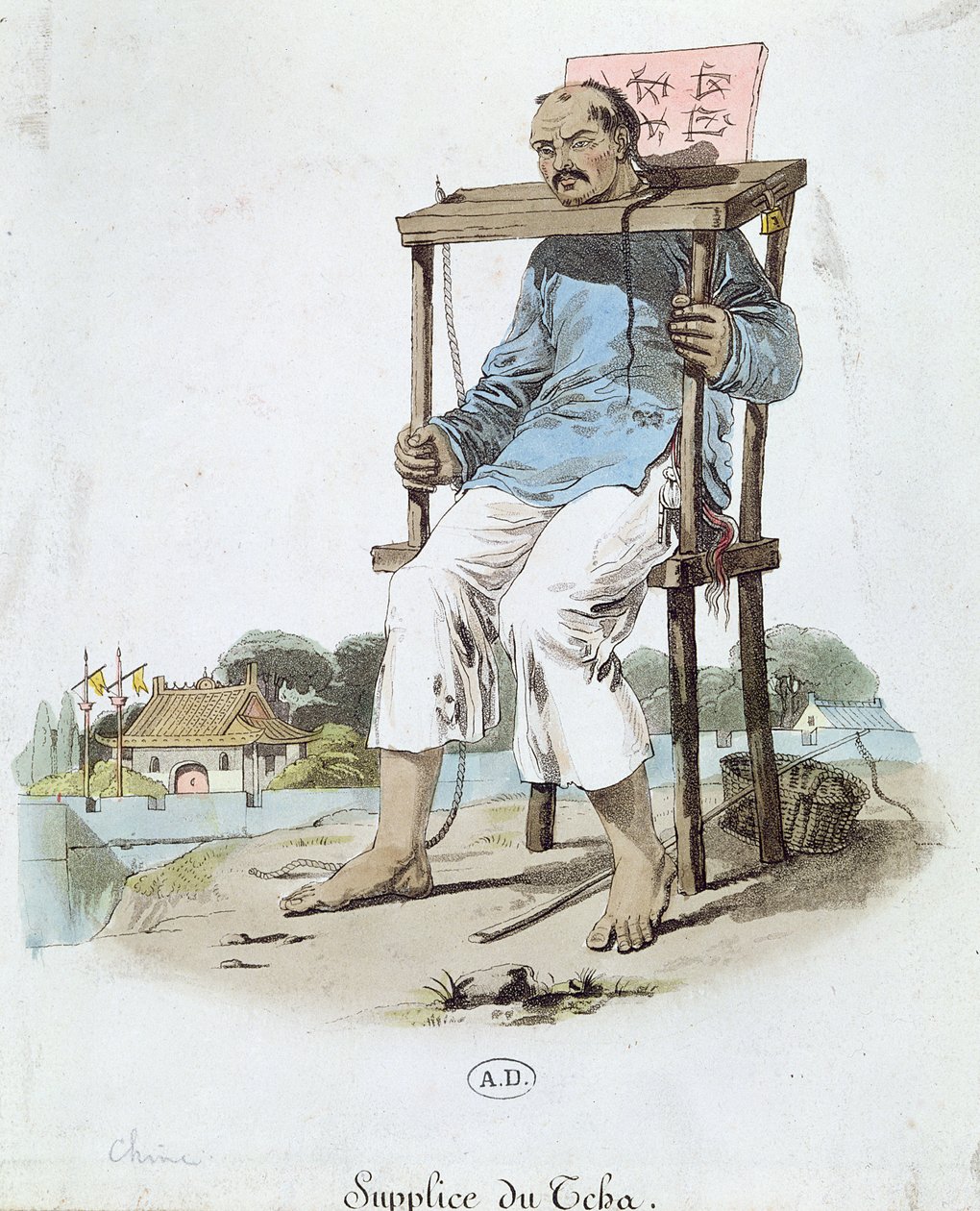 En fånge i Cangue i Kina, ca 1800 (färgstick) av French School