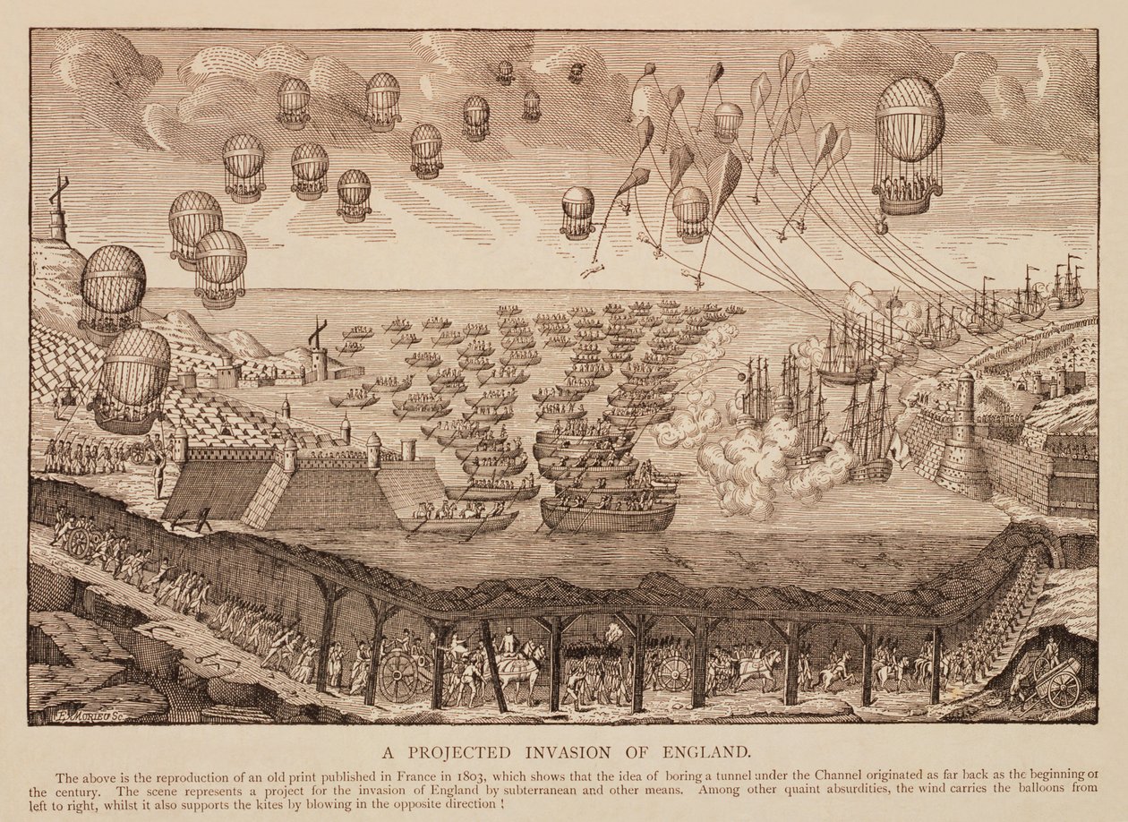 En projicerad invasion av England, reproduktion av franskt tryck från 1803 av French School