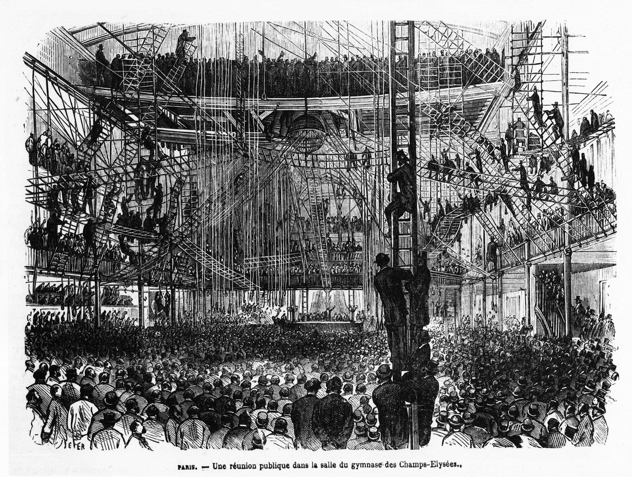 Ett offentligt möte i gymnastikhallen på Champs-Elysées i Paris - i "La Presse illustrée"" n¡104, 1869-10-30, koll. Selva. av French School