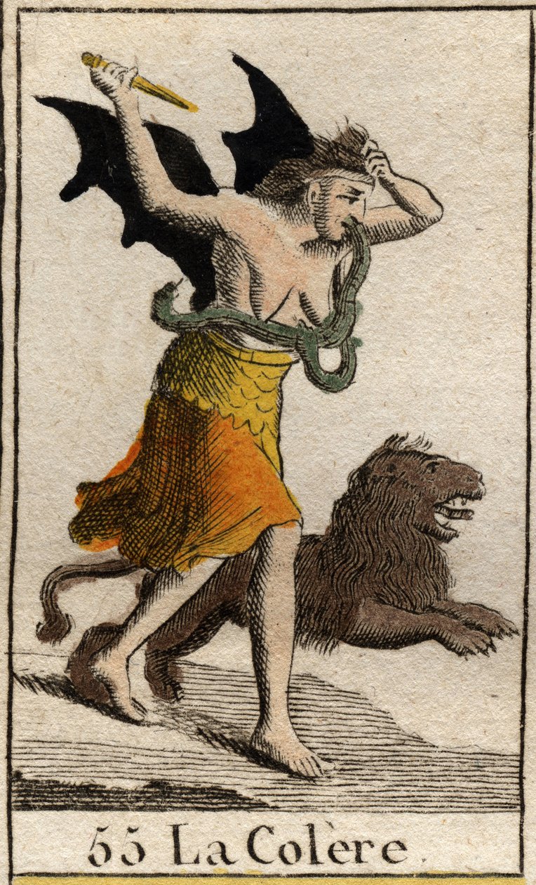 En representation av ilska klädd i skärvor, hon håller en dolk och sliter av sig håret. (Representation av Arg, klädd med trasor, hon håller en kniv och sliter av sig håret). Från "Mythology of Youth" av Pierre Blanchard 1803. av French School