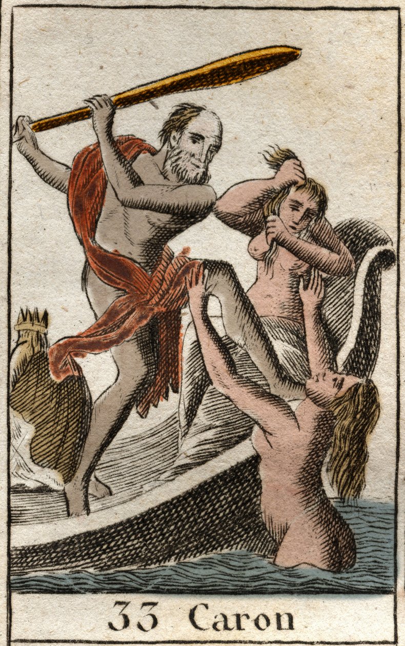 En representation av Charon (eller Caron), som går i underjorden, den låter den avlidne korsa floden Acheron (eller Styx). (Charon (eller Kharon) är helvetets färjeman, han bär själarna på sin båt för att korsa floden Acheron (eller Styx)). Från min av French School