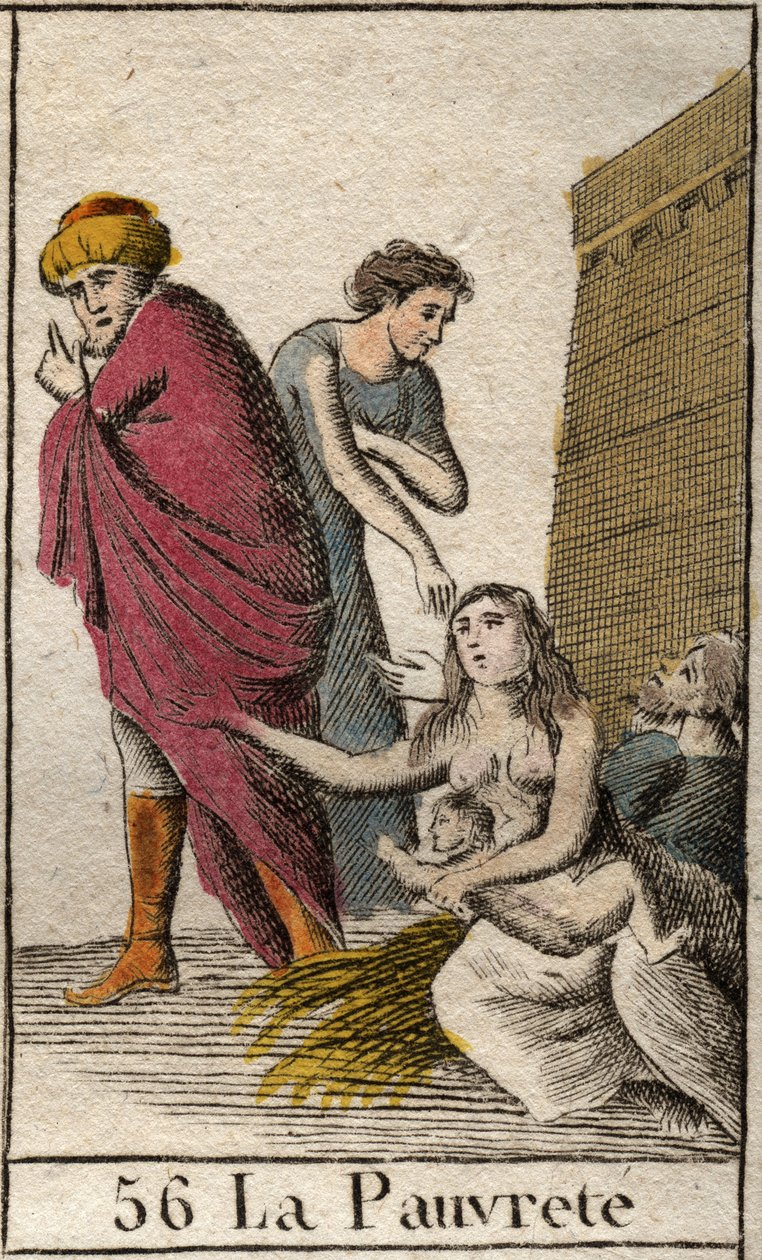 En representation av fattigdom, barfota och klädd i skärvor, sitter hon på halm. (Representation of Poorness, klädd med trasor, barfota, hon sitter på halm). Från "Mythology of Youth" av Pierre Blanchard 1803. av French School