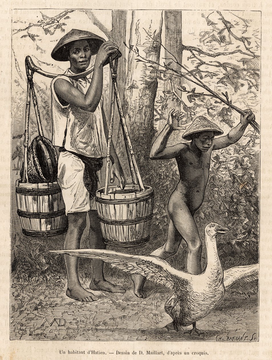 En invånare i Hatien (Vietnam) som bär hinkar och korg och ett barn som jagar en gås med en pinne, graverar efter en teckning av Robin som illustrerar resan till Cochinchine, av doktor Morice, 1872, publicerad i "" Le tour du monde"" ” 1875, redigerad av E av French School