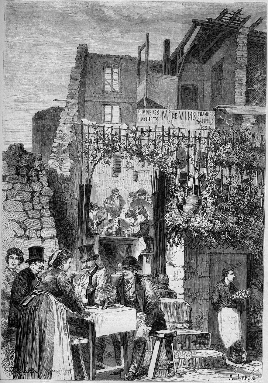 En restaurang i ruinerna av slottet Saint Cloud under karnevalen av French School