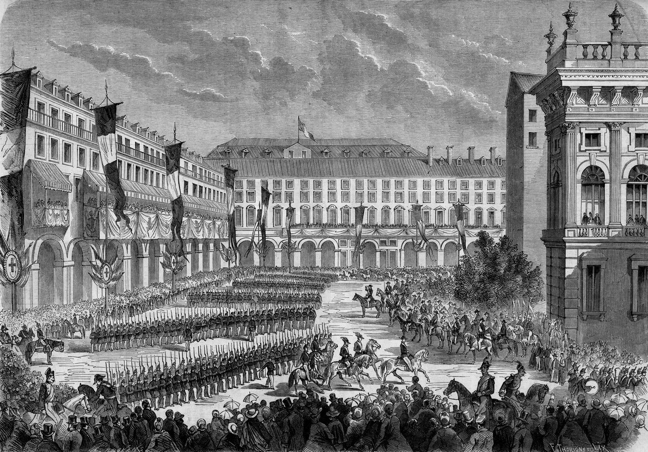 En genomgång av trupperna som passerades av den italienske kungen Victor Emmanuel II (Victor-Emmanuel) (Vittorio Emanuele) i Turin den 7 juni av French School