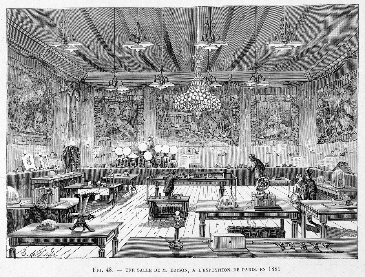 Ett rum av Mr. Edison på Paris-utställningen 1881 - i "The new conquests of science" av Louis Figuier av French School