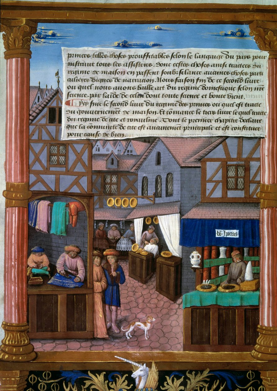 En rue de Paris med ekko från början av 1500-talet Manuskriptsida hämtad från "Livre du Gouvernement des Princes" "av Romain Gilles (1500-talet) Paris, Bibliotheque de l