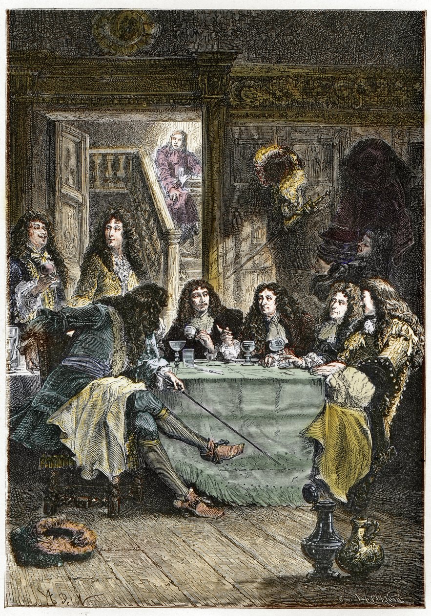 En salong (Cabaret) som sammanför de franska författarna Jean de La Fontaine (1621-1695), Nicolas Boileau-Despreaux (Boileau Despreaux) (1636-1711), dramatikern Jean Baptiste Poquelin dit Moliere (1622-1673) och poeten Jean Racine ( 1639-1699) - Fontänen,  av French School