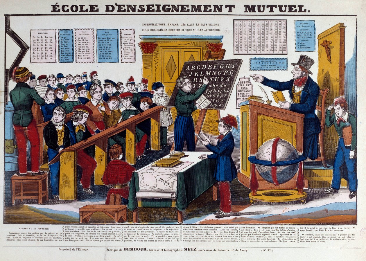 En skola för ömsesidig utbildning som infördes i Frankrike omkring 1815. Gravyr från 1800-talet Paris, Musee Carnavalet av French School