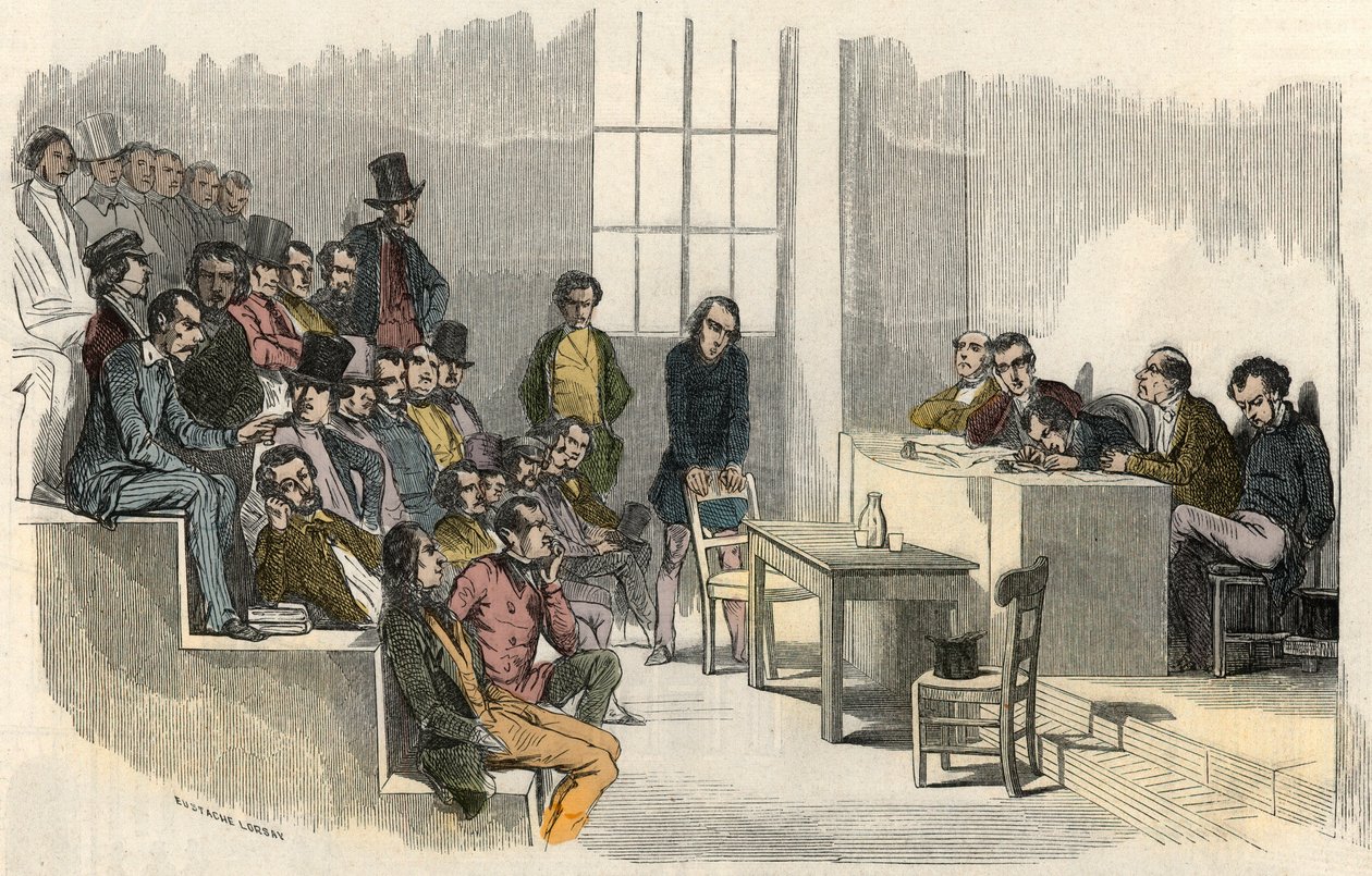 En seans av aggregationstävlingen på Sorbonne i Paris på 1800-talet - Gravyr i "" Tableau-de-Paris"" av Edmond Texier 1852 av French School