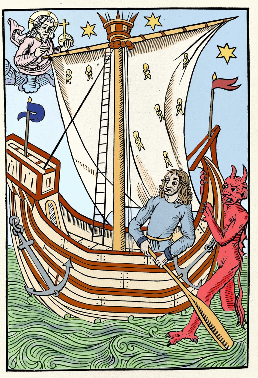 Ett skepp bland havets faror. En demon har gripit tag i fören medan Gud manifesterar sig till vänster. Gravyr från "Herdarnas stora kalender och kompost", Troyes 1491 av French School