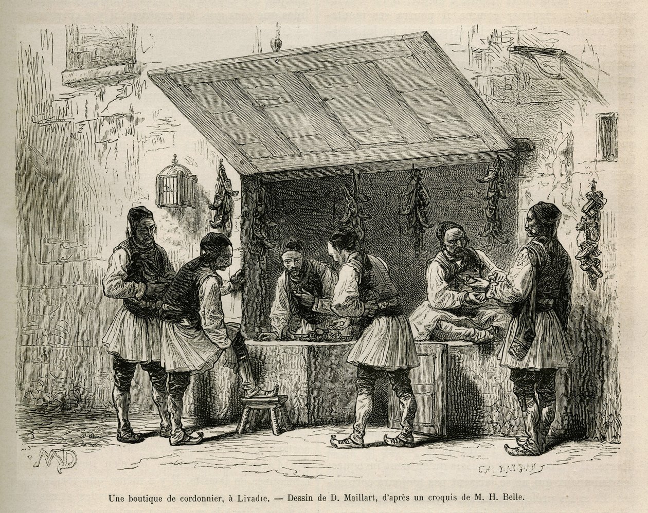 En skomakarbutik och hans kundkrets, i Livadie, teckning av D. Maillard, för att illustrera historien om Henri Belle: Voyage en Greece av French School