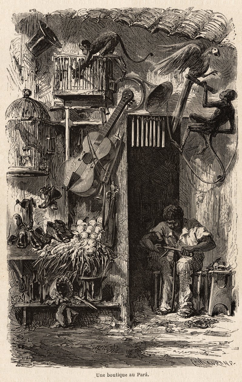 En butik vid Para, illustration för Mr.Biards resa till Brasilien 1858-1859. Gravyr i ”” Le tour du monde”” 1861. Selvas samling. av French School