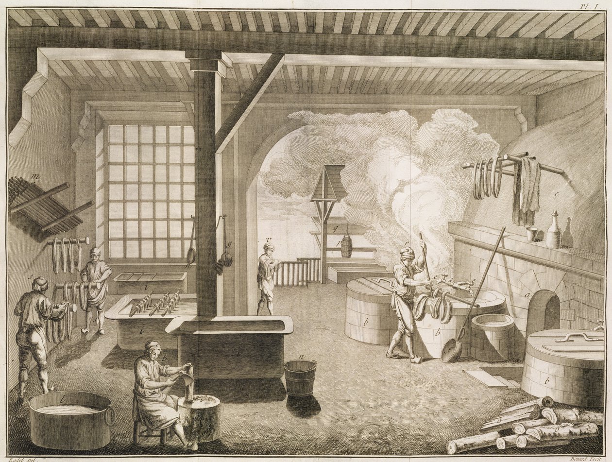 En verkstad för silkesfärgare, från Encyclopedie des Sciences et Metiers av Denis Diderot (1713-84) publicerad ca 1770 av French School